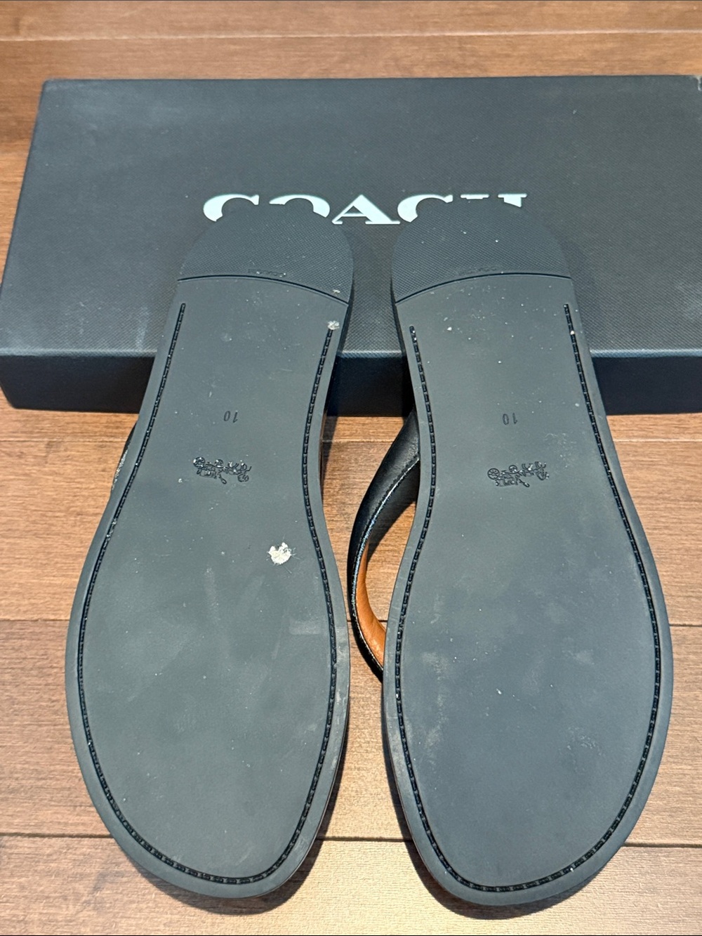 Coach Tea Rose Black Leather Flip Flop Sandal, Size 10 - Picture 3 of 3